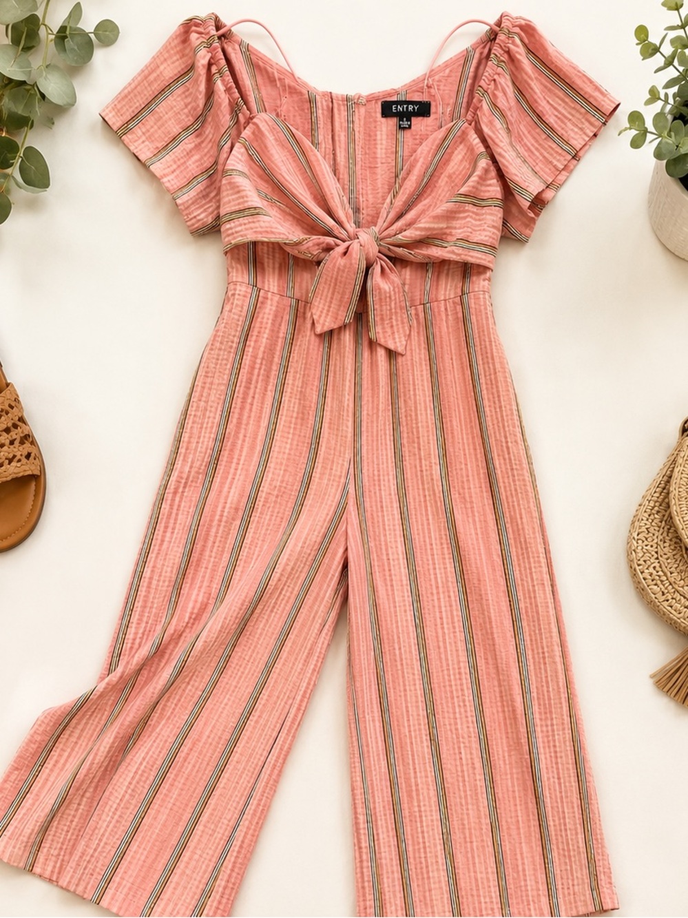 Entry Pink Stripe Tie-Front Wide-Leg Jumpsuit
